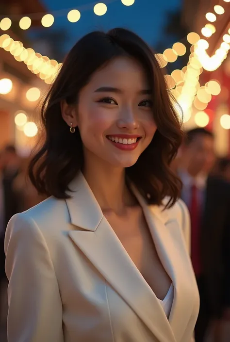 Christmas party night 　 dark-haired medium haired Asian beauty wearing a white office suit。 wearing a white undershirt underneath her office suit 。 has a nice smile。Hi-Vision 8k 