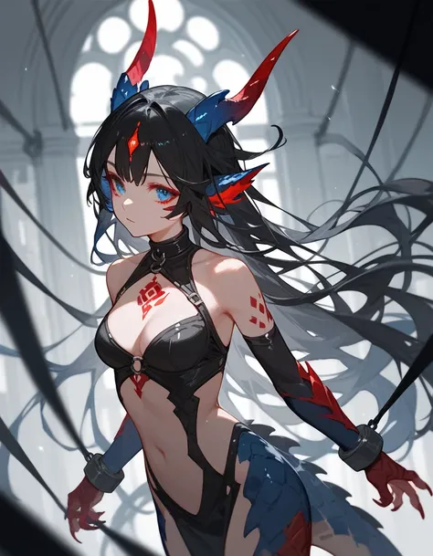 Dragon Girl,slave,Two-colored eyes, red-eyed, blue eyes,Long black hair,thin