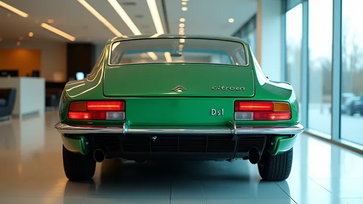 Generate an image of a sleek, Green metallic back aerodynamic view of 1970 Citroen Ds21 Pallas with a Vintage design. The rear view should showcase:
>  * A low, aerodynamic profile
>  * Slim, horizontal LED taillights extending across the rear
>  * A promi...