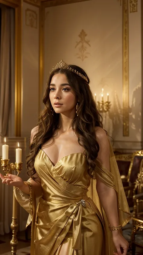 an elegant, young and regal woman adorned with an exquisite crown and  jewelry.  dressed in a sheer, flowing gown that exudes grace and sophistication. Her golden curls cascade naturally, complementing her soft and refined makeup. The backdrop features opu...