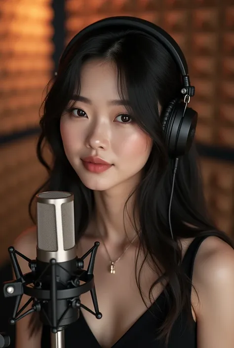 i want nine seperate pictures of diffrent asian girls with diffeent faces and hair in a studio recording on a micraphone