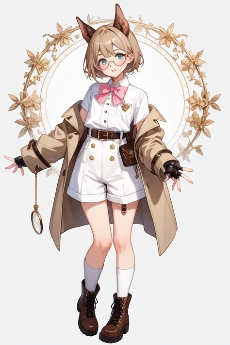 full body, femboy, fully clothed, An illustration, (masterpiece、最high quality、high quality), pure white background, Character design, Character sheet, dobermann ears, fluffy tail.A soft, off-white button-up shirt with a slightly oversized collar, adorned w...