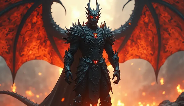 Black armor，Crimson-gold dragon eyes，Magma pattern，huge dragon wings，Dragon Knight，Dragons horn，Dragon wings stretched behind him，Tall Knight，Sense of oppression, Flashing magic runes，Photorealistic, Cinematic lighting