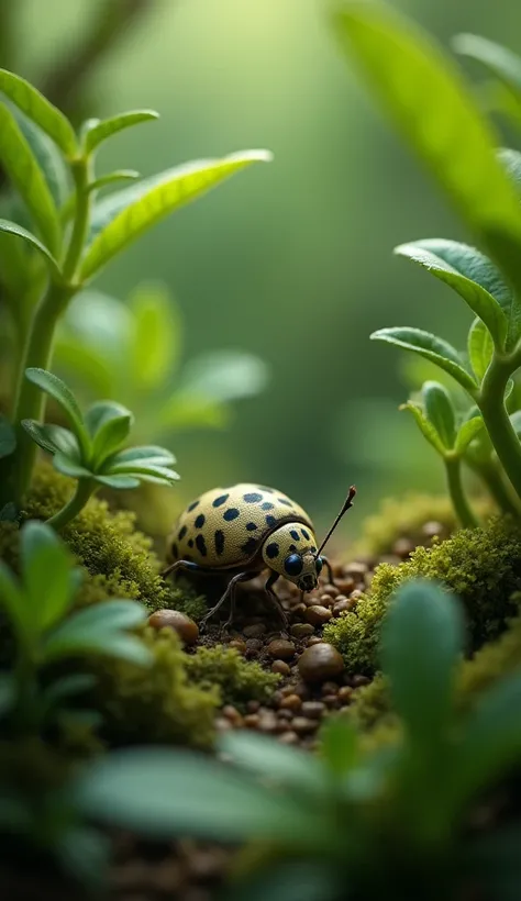 A small bug was lying on the ground, surrounded by lush green plants and trees