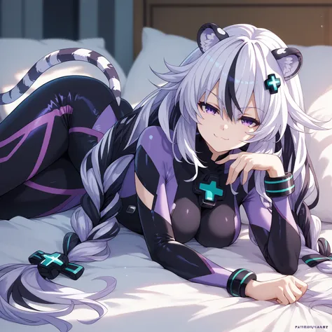 ((masterpiece)), Hyperdimension Neptunia art style, 1girl, solo, long hair, white hair, black hair, multicolored hair, white tiger ears, white tiger tail, purple eyes, half-lidded eyes, purple bodysuit, black bodysuit, multicolored bodysuit, bracelet, smug...