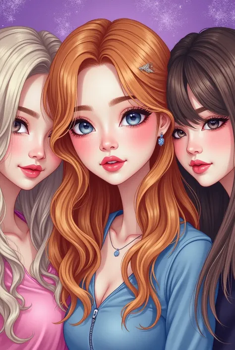  A Korean drawing of 3 female pop artists, the first , has wavy long strawberry blond hair, and fairy-like makeup, the second is on the left side she is a female pop artist with styled and dyed blond hair, makeup, smiling,she has a small rose tattoo on her...