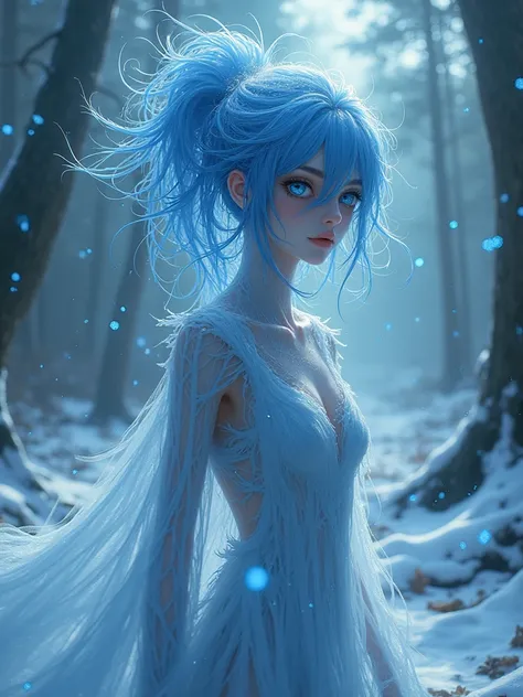 In the heart of a decaying Snow, a grungy majestic glass skin, her bark-like skin adorned with delicate and sky-blue hair. The photograph captures her ethereal presence with a mystical aura, as if shes a living part of the dark anime world. Looking at you,...