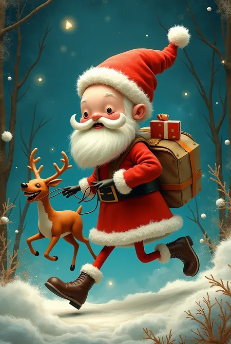 Surrealistic and very cute characters by Tim Burton and Sam Toft, Cute and mischievous Santa Claus monster, Santa Claus with stickman-like thin limbs and plush body, Chibi style, Miniature reindeer and and to deliver presents rushing figure, colorful surre...