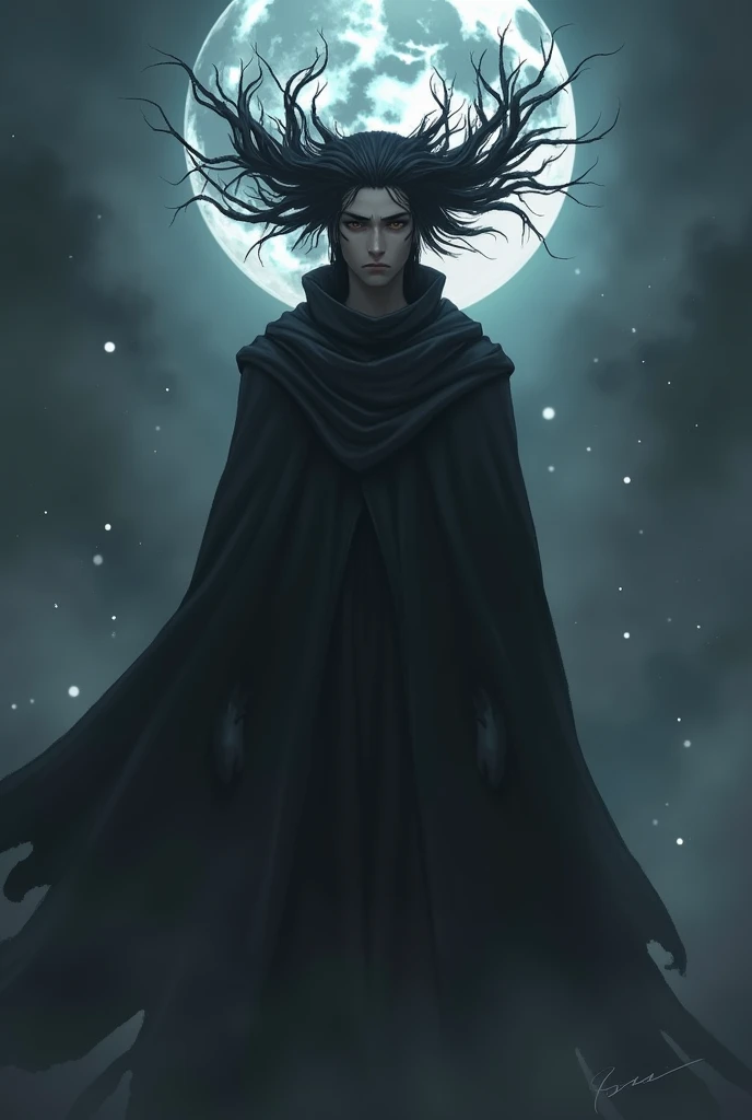  Moon god with a very tall human figure , powerful figure black clothing ,  black hair,  black eyes, young, Without Beard,  and with a crown made of shadows.  realistic image 