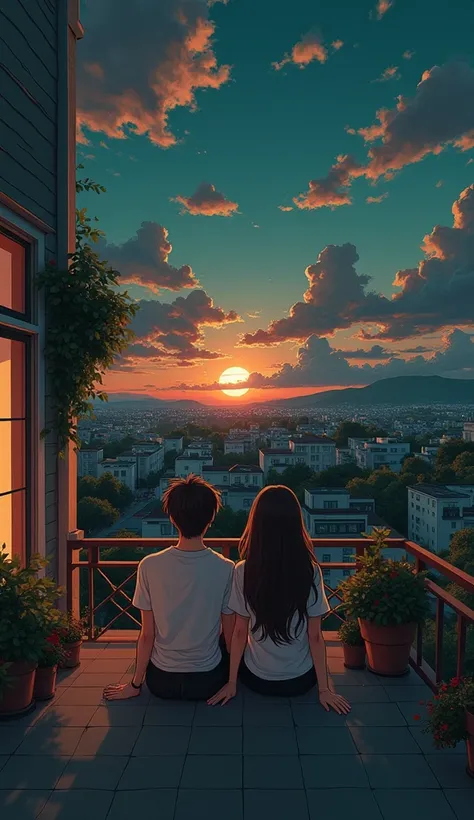 anime illustration anime couple sitting on a balcony watching the sunset, watching the sun set. anime, lofi artstyle, anime background art, anime style cityscape, beautiful anime scene, lofi art, in style of makoto shinkai, 4 k manga wallpaper, makoto shin...