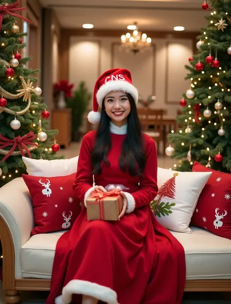  A beautiful 25-year-old Indonesian woman ,  t-shirt, clean-faced and clear , wearing a red santa clause dress ,  wears a Christmas hat inscribed  "CNS " The red text , holding a christmas present ,  wears red shoes .  is sitting on a white sofa with red a...