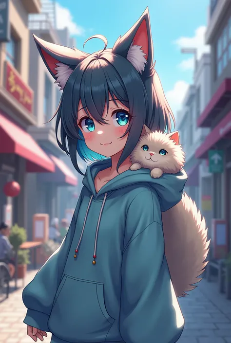 Anime girl with oceanic blue eye and with wolf ear wear hoodie outside in town with her pet fluffy cat 