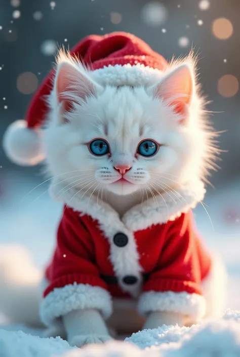 a cute white kitten, beautiful detailed blue eyes, in santa claus outfit, sitting in snow, christmas, cozy, warm, festive, (best quality,4k,8k,highres,masterpiece:1.2),ultra-detailed,(realistic,photorealistic,photo-realistic:1.37),HDR,UHD,studio lighting,u...