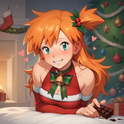 1girl, 1solo, misty pokemon, orange hair, long hair, down hair, aqua eyes, Christmas sensual dress, pretty, beautiful girl, curvy girl, tree Christmas, smile, blush, hapiness, chocolate, rose, heart