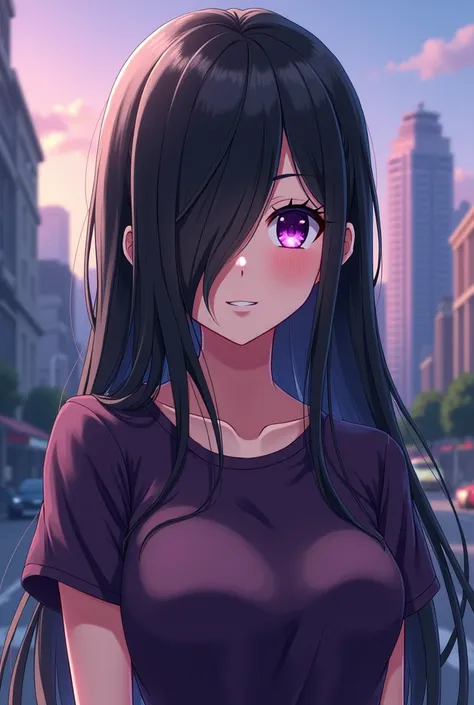 anime girl with long black hair and purple eyes standing in front of a city, anime moe artstyle, happy, T-Shirt, (anime girl), attractive anime girl, teasing smile, ilya kuvshinov with long hair with bangs covering one eye, seductive anime girl, by Jin Hom...