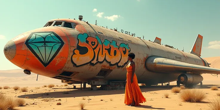 Graffiti diamond and DIRTYLABEL lettering on a spaceship that lies in the desert, a beautiful African woman stands next to her