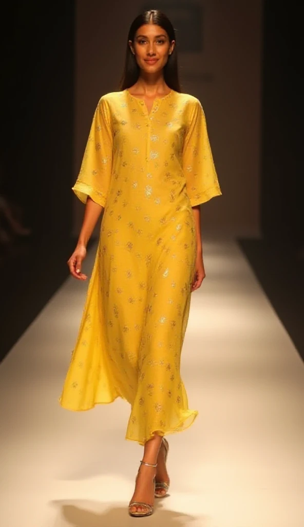 The tall skinny woman gracefully walks the catwalk, her smile radiant as she dons a gold/yellow italian textured foil spots printed viscose chiffon georgette kurti with patiala sharlwar. The kurti features three quarter sleeves and exaggerated puffy should...