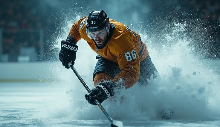 A hockey player breaking through the ice, detailed sports action, powerful dynamic movement, hyper realistic ice hockey scene, dramatic lighting, cinematic composition, dynamic motion blur, intricate details, shiny hockey equipment, dramatic atmosphere, gr...