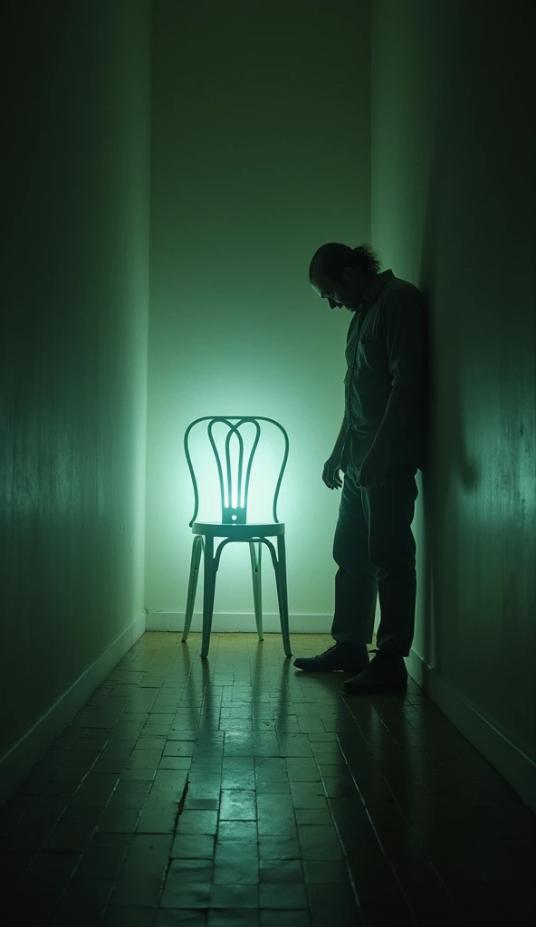 A closer shot of the chair, now glowing faintly as if imbued with supernatural energy. The man (Rajneesh) is leaning against the wall, his face pale and full of terror."