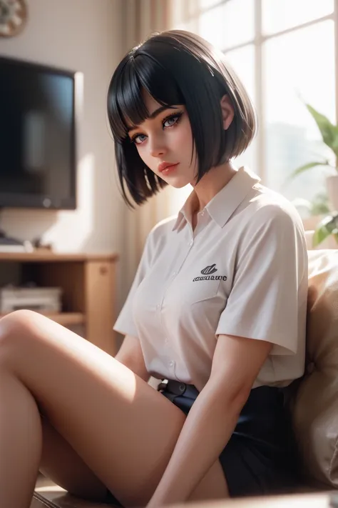  1 girl, In extremely tight shiny polo shirt , bob cut,  black hair , Lens reflection,  reflecting light ,  high resolution ,  masterpiece,  are in the apartment and sitting at the TV, 