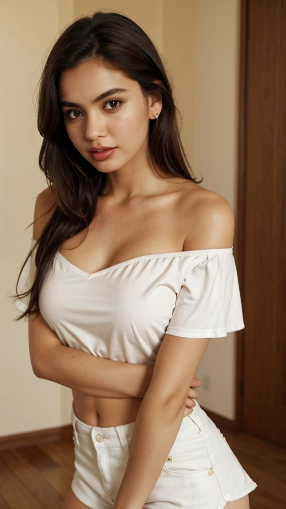 1 girl 2, Alone, by the wide, medium breasts, kissing the viewer, by rubio, bare shoulders, medium buttocks, Brown eyes, joya, whole body, Bermuda, White shoes, neck, off the shoulder, White short blouse, Lips, realist, nose, flirting with the camera, stic...