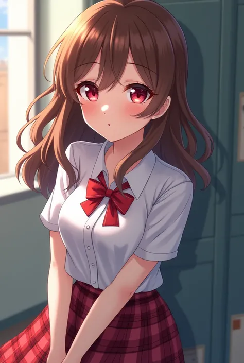 Anime girl with red eye brown hair and she is a high school student with 110 cm chest