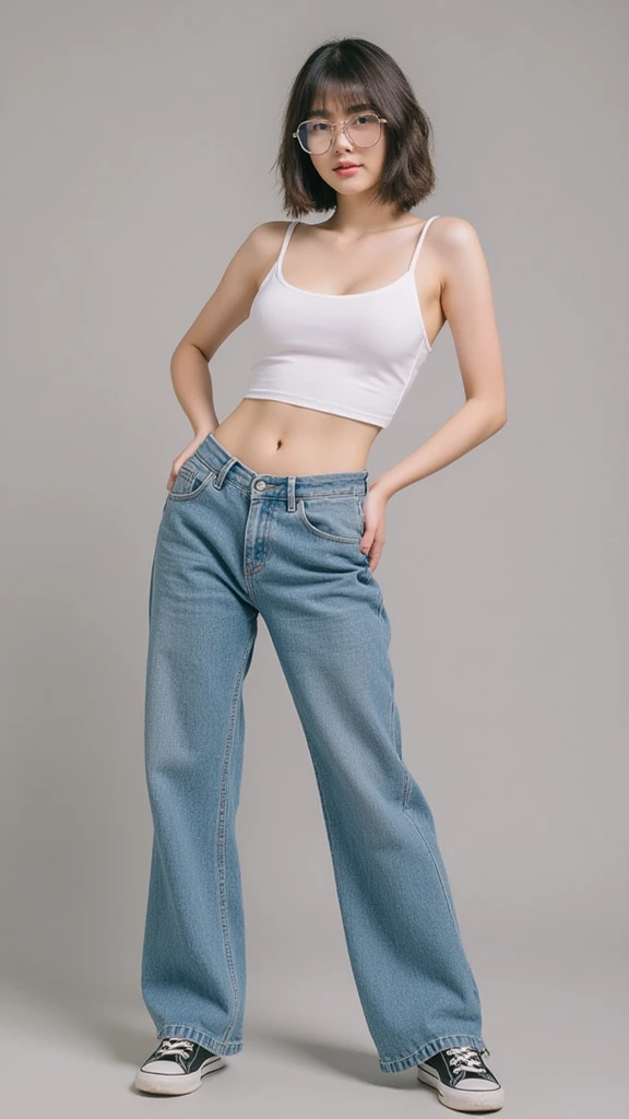 Thai woman, bob hair, rounded eye glasses, sexy white crop shirt, navel, bootleg jeans, sneaker, sexy pose