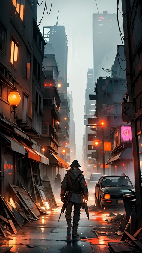 “A post-apocalyptic cityscape with crumbling skyscrapers, covered in thick fog. The streets are filled with mutated zombies, their grotesque forms blending with the ruins of abandoned cars and debris. In the distance, a few survivors in tattered clothing a...