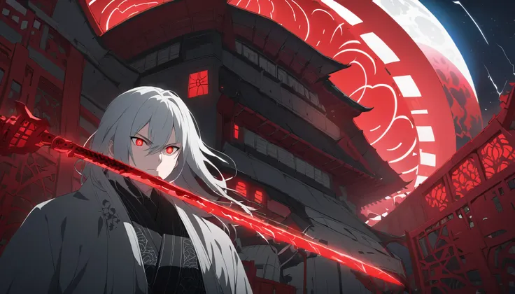 A massive Sharingan in the sky, replacing the blood-red circular moon, glowing with a blood-red aura, intricate black tomoe patterns and Mangekyou Sharingan design, highly detailed and sharp, illuminating the entire scene with mysterious red light. Japanes...