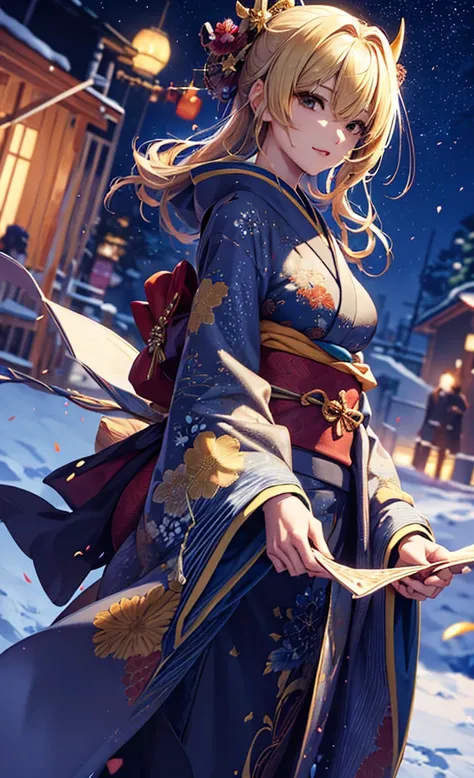        muffler girl   ,                 High Quality                , 4K, Beautiful design,  blonde alone          ， 非常に詳細な夜の                starry sky                , Illuminations，           wonderful,              Details,  Knowledgeable woman         ...