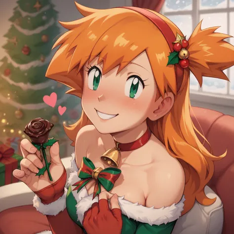 1girl, 1solo, misty pokemon, orange hair, long hair, down hair, green eyes, Christmas dress, pretty, beautiful girl, curvy girl, inside the snow, smile, blush, hapiness, chocolate, rose, heart