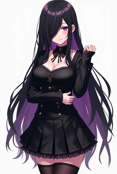 anime girl with long black hair and purple eyes standing in front of a white backround, anime moe artstyle, goth outfit, adult, big breast, (anime girl), attractive anime girl, teasing smile, ilya kuvshinov with long hair with bangs covering one eye, seduc...