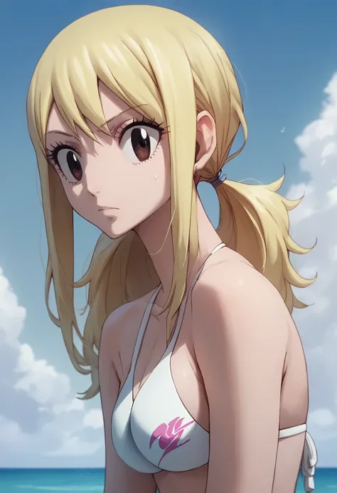 long hair,lucy heartfilia, fairy tail, blonde hair, brown eyes,swimsuit white bikini 