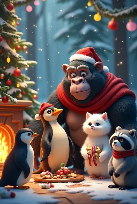 the dragon, the gorilla, the penguin, the white cat, the raccoon spend Christmas together