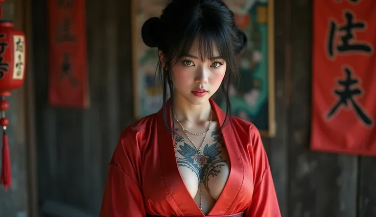 beautiful Japanese woman with big breasts in a revealing short samurai costume,white skin yakuza tattoos, expression of lust, black hair color in bun, green eye color, dressed in a red kimono, see-through kimono,(((half naked, top naked:1))