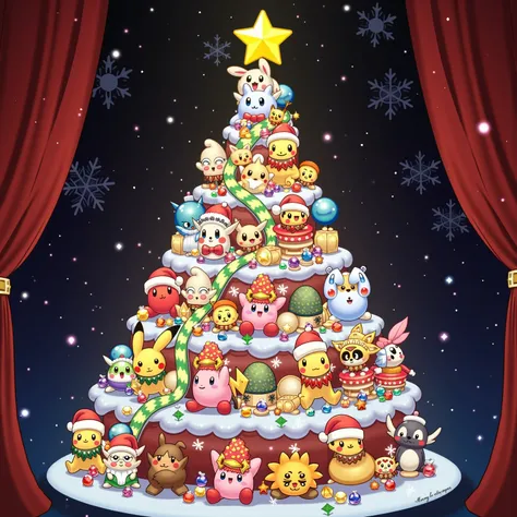 Merry Xmas image 、 A very beautiful Christmas tree decorated with beautifully lit up jewels and precious metals such as diamonds and crystals、 figures of the characters appearing in Kirbys Dream Land wearing Christmas-like costumes 、Made of gemstones and p...