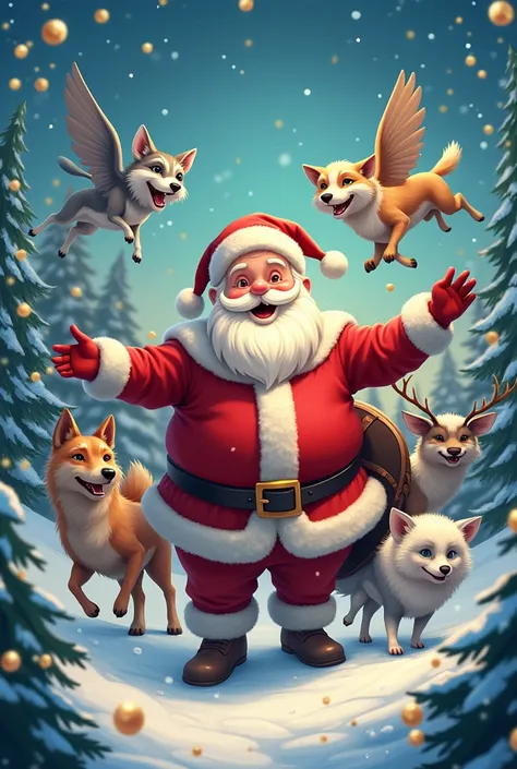 Create a Christmas ,  illustration featuring Santa Claus and magic animals