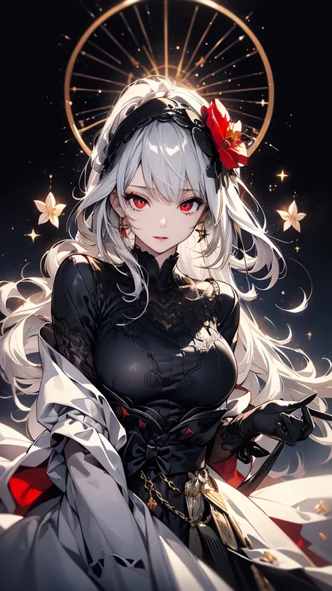 masterpiece,          High Quality         , 4K, Beautiful design,          silhouette，   gray hair  ， 非常に詳細な夜の         starry sky         ,Flower Field  ，        wonderful,         Fine finish        ,       Knowledgeable woman    , Highly detailed solo, ...