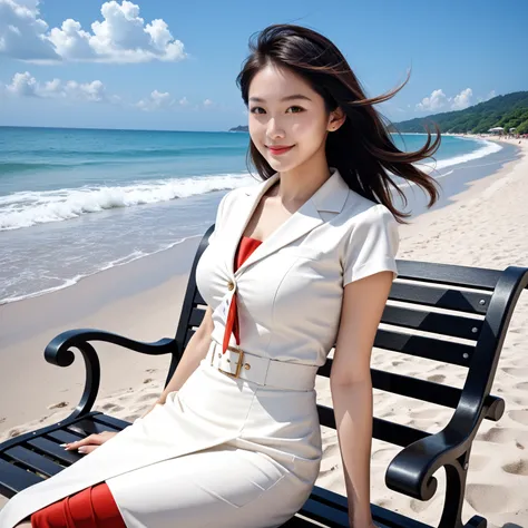 score_9, score_8_up, score_7_up, 8k, realistic photo, professional photo, A woman, large breasts, wear white summer one-piece dress, floating skirt, floating hair, sit on bench at beach sandy, (smile:0.8), closed mouth,  staring at viewers 