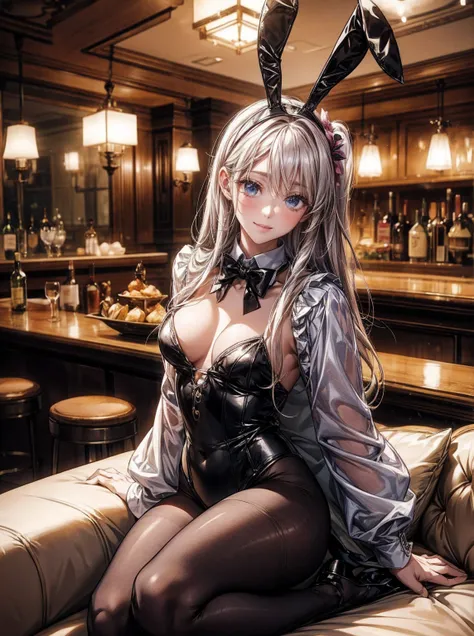  highest image quality taken by Ki、 detailed images、wallpaper、NSFW、 beautiful women、 sexy、Our eyes meet、smile、Shy、 enamel bunny suit at the bar at dusk、 high leg、Thighs、Plain pantyhose 、 bow tie、light-reflecting bunny suit、Ultra glossy、From an angle、Sit on...