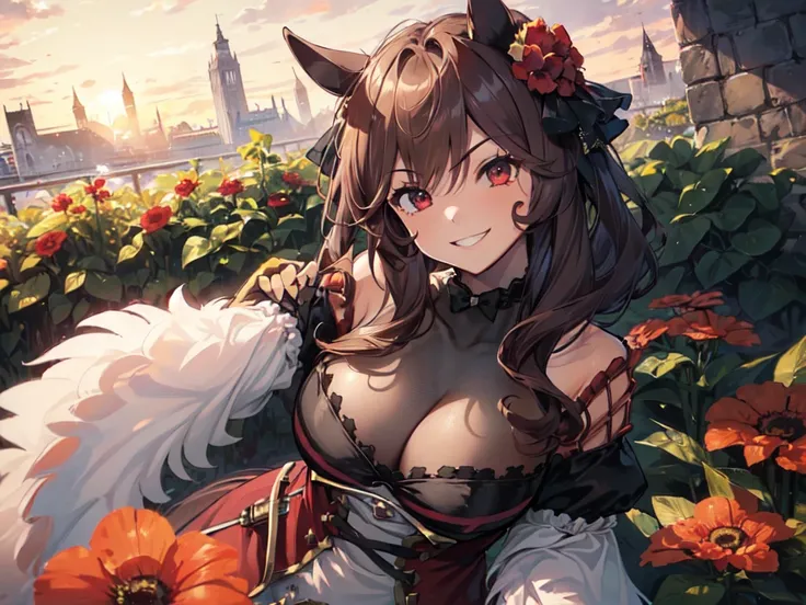 (Solo:2), (1 female:2), (Short fingers, short arms, short legs), (Horse ears), (Heavy clothing), (Bending over to show cleavage), (Smiling, looking at camera), (Castle), (Red flower garden), (Sunset), (Focus on breasts), (Carefully drawn, amazing artwork, ...