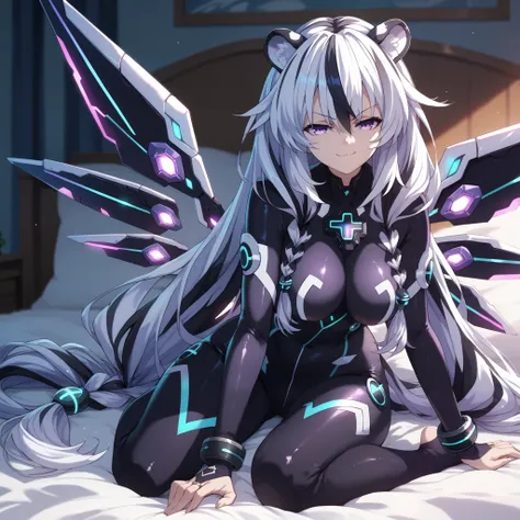 ((masterpiece)), Hyperdimension Neptunia art style, 1girl, solo, long hair, white hair, black hair, multicolored hair, white tiger ears, white tiger tail, purple eyes, half-lidded eyes, purple bodysuit, black bodysuit, multicolored bodysuit, bracelet, smug...