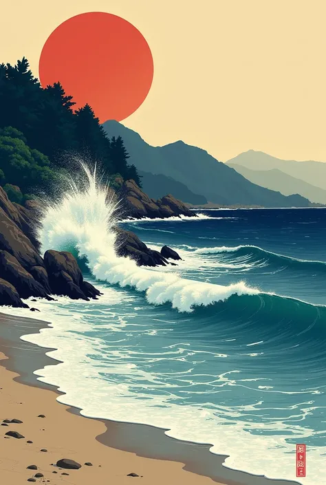  I have a picture of a beach with waves, Japanese Posters, Inspired by Kawase Hasui,   Japanese Woodblock Print Style,   Japanese-style poster  , Inspired by Okada Hanshi ,  inspired by Saito Kiyoshi , Inspired by Kawase Hasui,  Utagawa Hiroshige II , Insp...