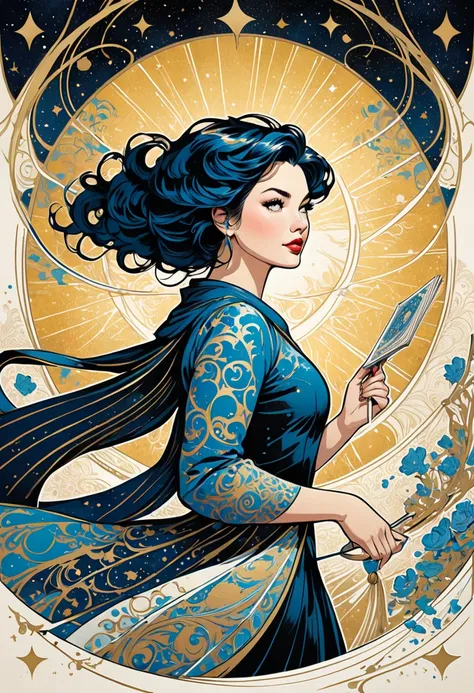 masterpiece, beautiful illustration, tarot card illustration, ink, twirls, superhero