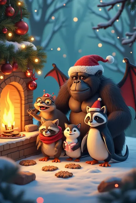 the dragon, the gorilla, the penguin, the white cat, the raccoon spend Christmas together