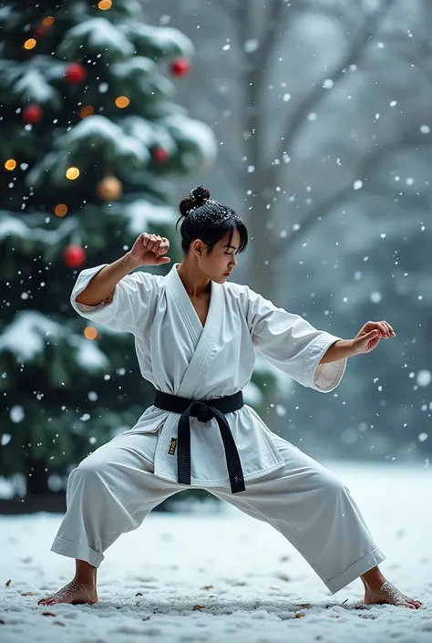 Karate, shorin riu siu sin kan karate, A beautiful Christmas tree with snow in the background 