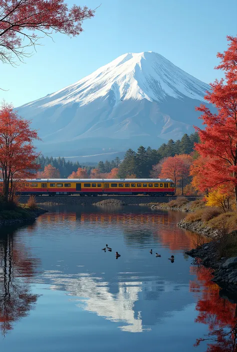 Mount Fuji in late fall ，The colorful train ， There are a few tiny little birds on the calm surface of the lake， The lake has a reflection of the train and Mount Fuji ， Sunny ， mood composition ， ultra high resolution ，surrealism， continuous autofocus ，Exp...