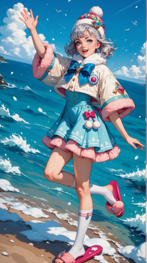  A masterpiece illustration ， depicting a character with light blue eyes 、 Silver hair and small chest Running by the sea ，Waving Arm ， feet wearing colorful slippers and clothes ， Bookcover A queen adjusting her thigh high socks in winter。