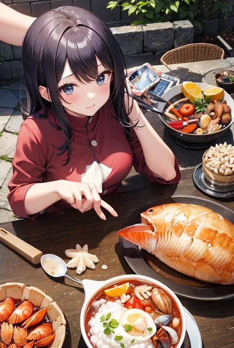 The older sister is holding shellfish
鮑を左手に置いて