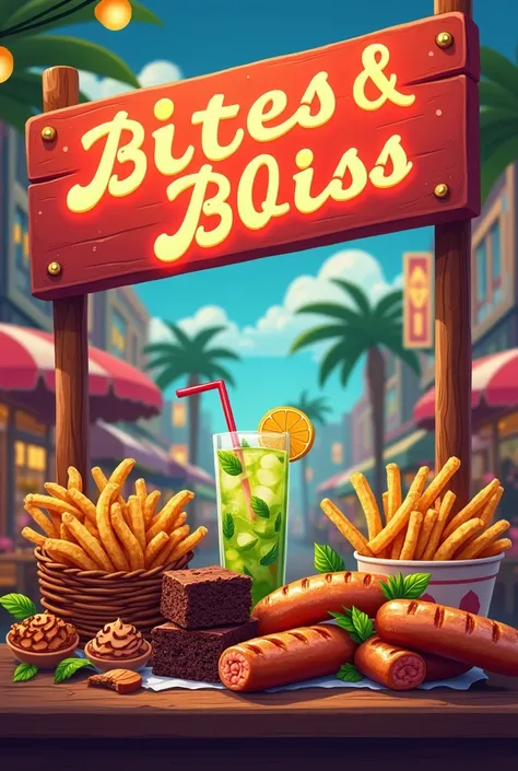 A poster background for a food stall (include mojitos drinks, street foods - sausages on stick, chips on sticks etc, brownies and cookies) the titile is Bites & Bliss